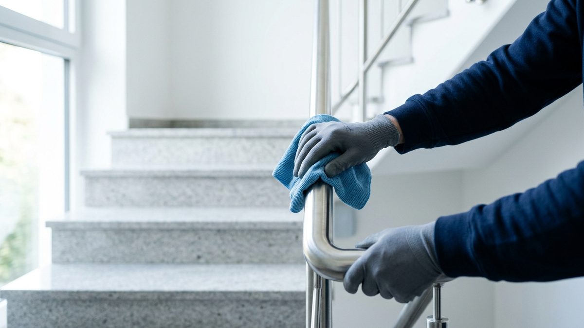Treppenhausreinigung: Handlauf wird mit Mikrofasertuch gereinigt